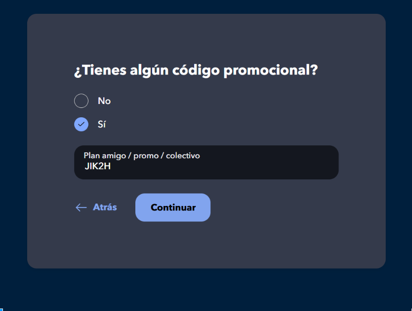 Captura de pantalla: campo Plan amigo / promo / colectivo con el código introducido en el alta de MyInvestor